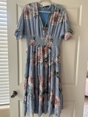 Floral Smocked Waist Midi Dress - Blue with Pink Bloom